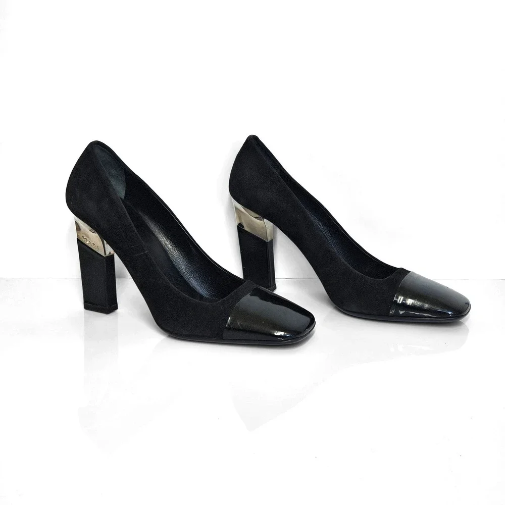 Prada Black Suede Patent Leather Square Toe‎ Block Heel Pumps Silver Accent 36.5